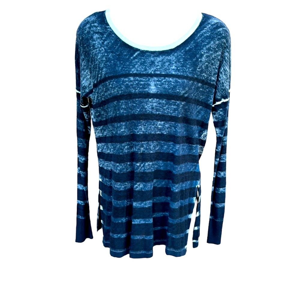 KOKUN overdye stripe denim navy scoop neck cashmere & bamboo sweater, S, NWT